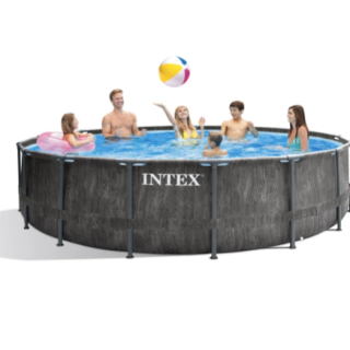 Piscina Estructural Redonda INTEX Prism Frame Greywood Premium, 457 x 122 cm, 16.805L, con Bomba, Escalera, Cobertor y Tapiz